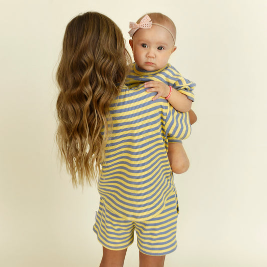 oversized tee set - yellow + blue stripe