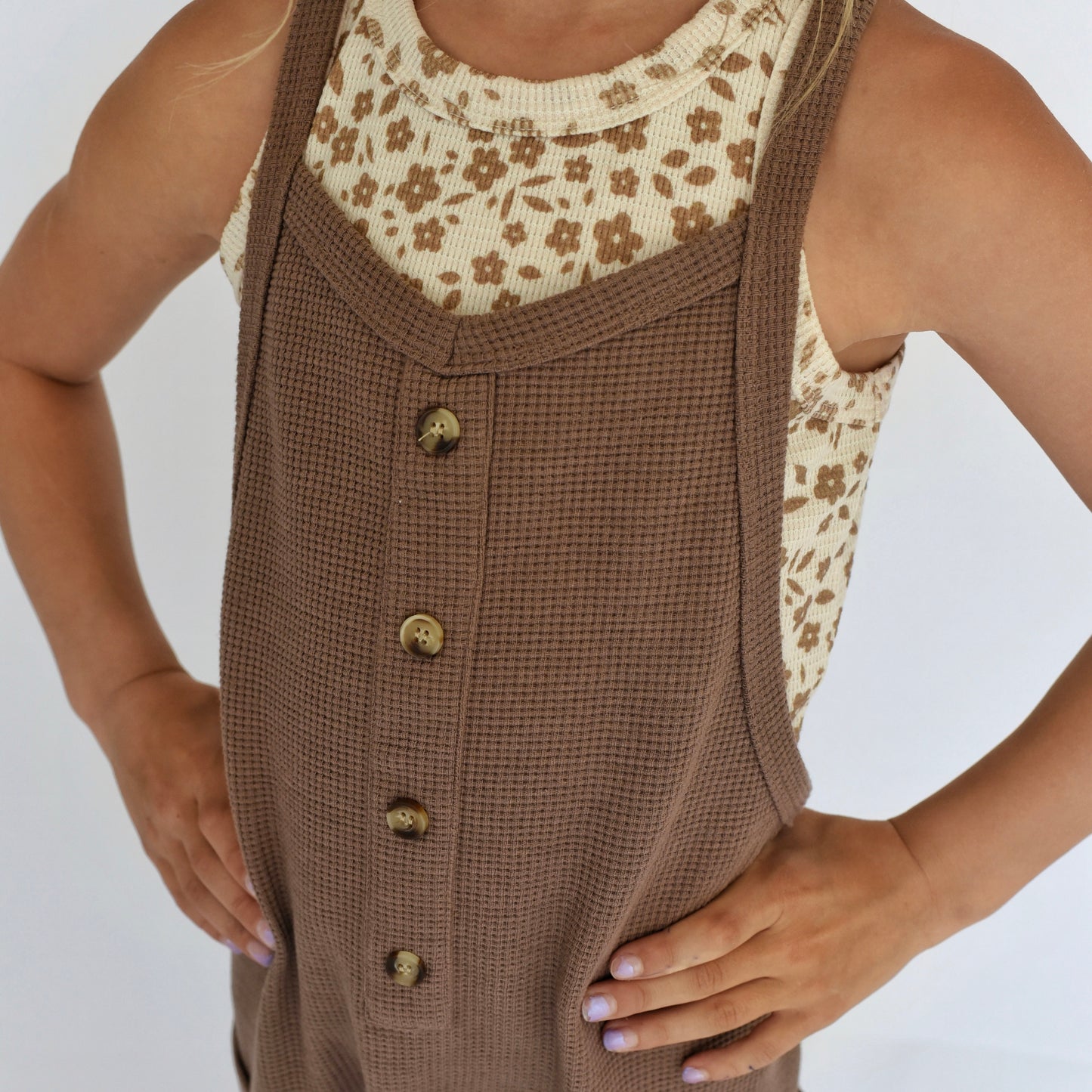 pocket romper - brown waffle