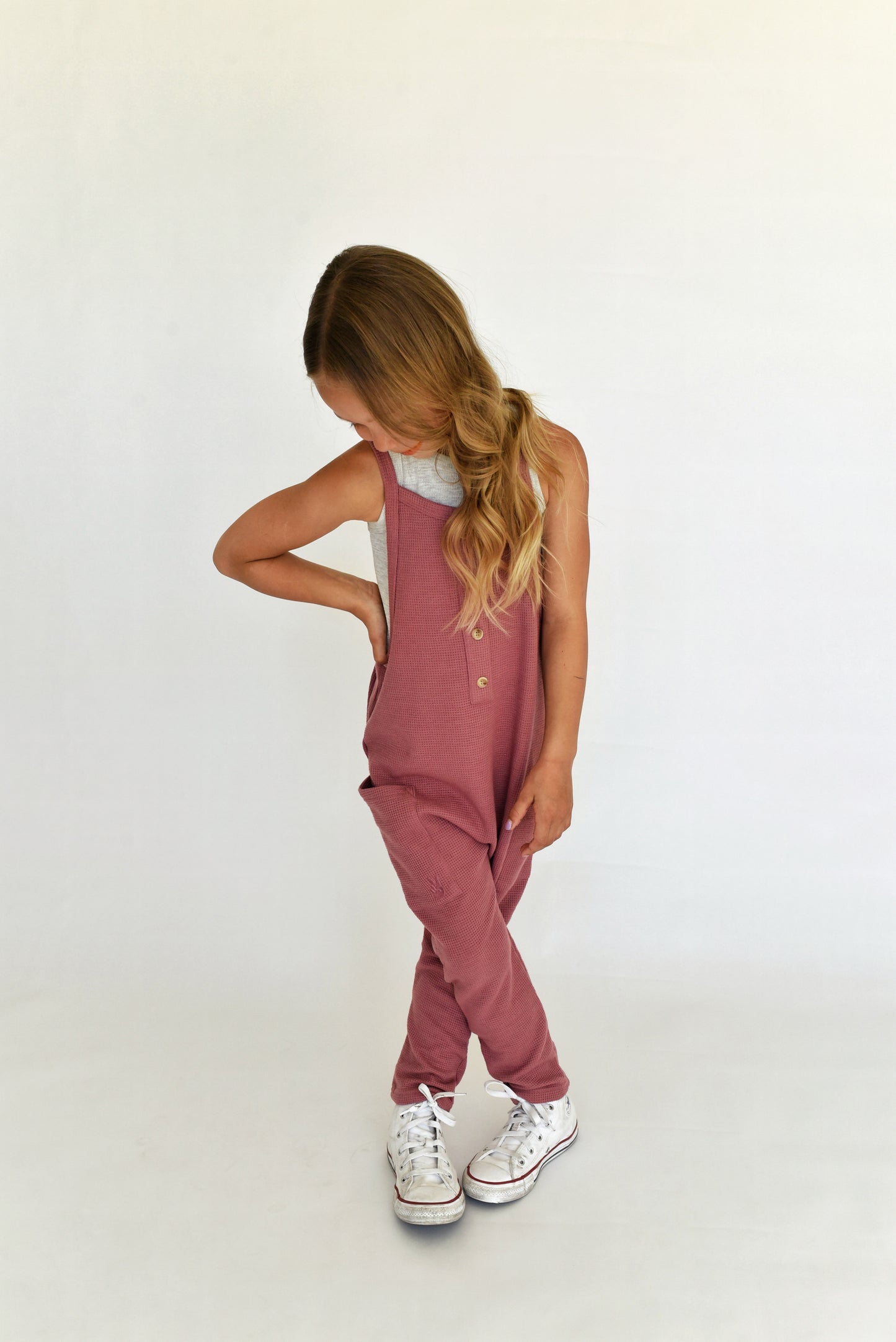 pocket romper - berry waffle