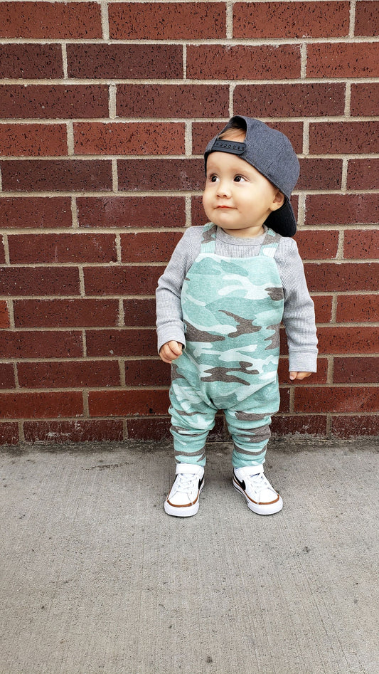 farmer romper - mint camo (SEE SIZING NOTE)