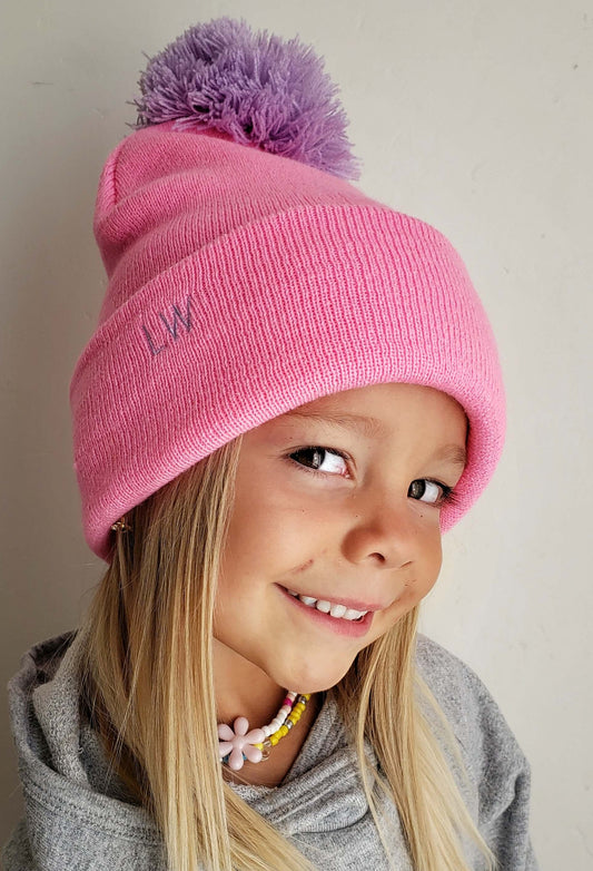 pom beanie - pink + purple