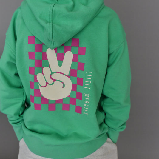 hoodie - green + pink logo