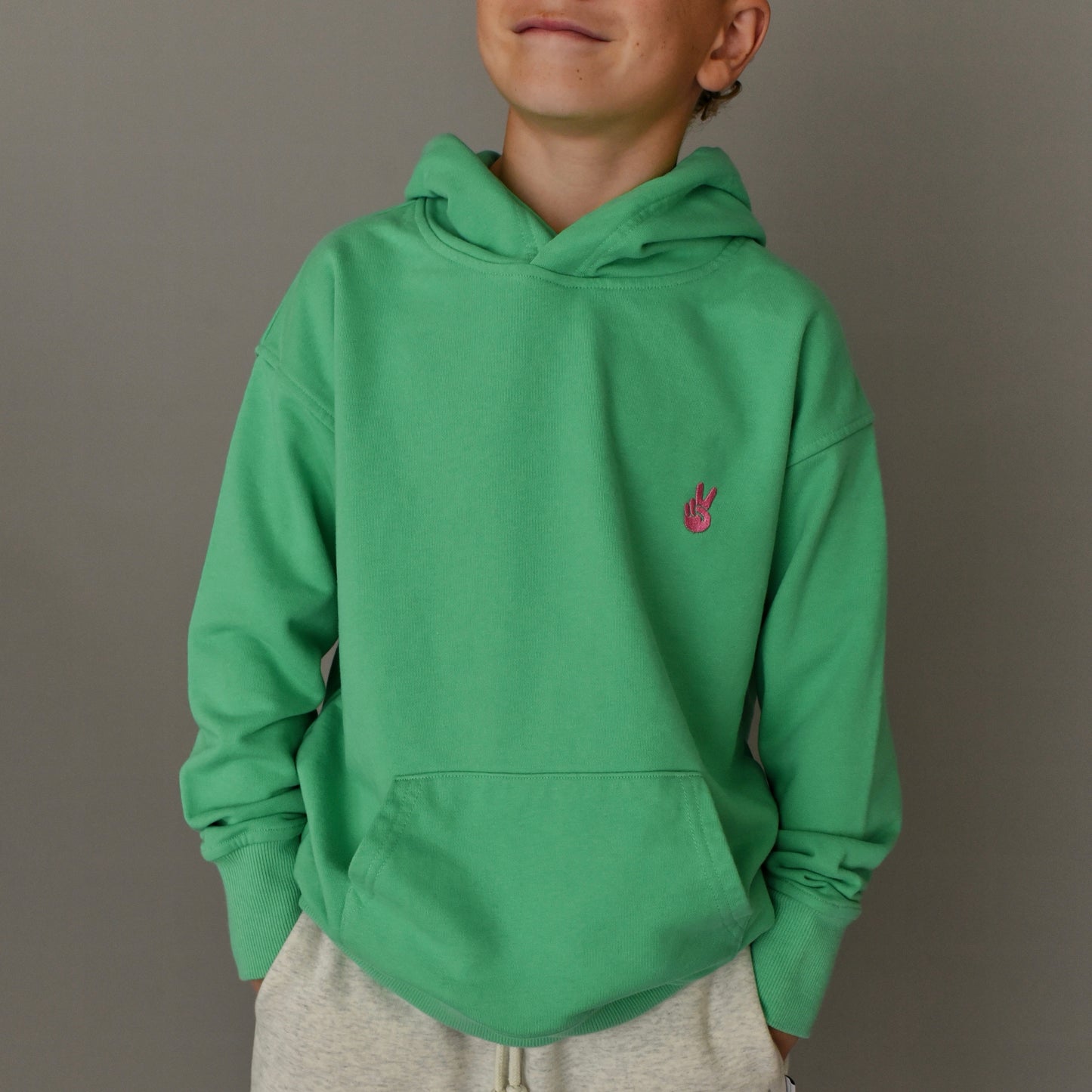 hoodie - green + pink logo