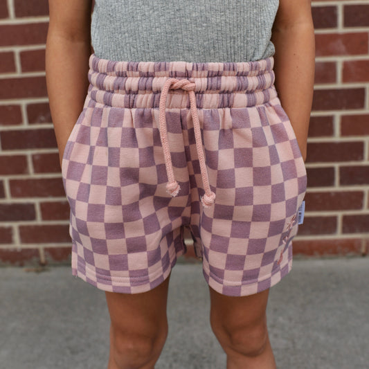 girls fleece short - purple + pink check