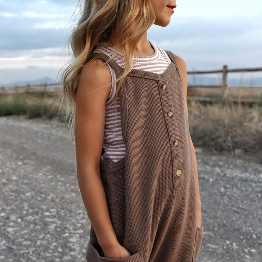 pocket romper - brown waffle